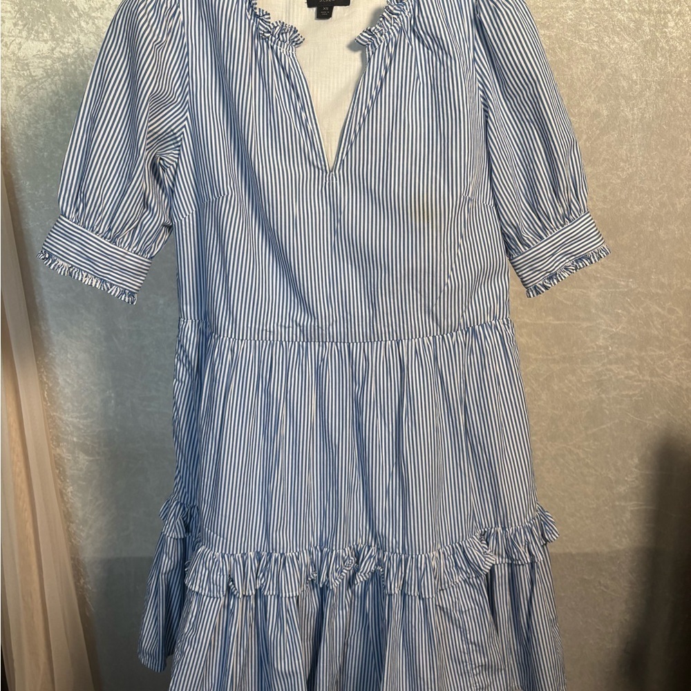 J.Crew Blue and White Striped cotton tiered ruffle midi Dress.  Size XS